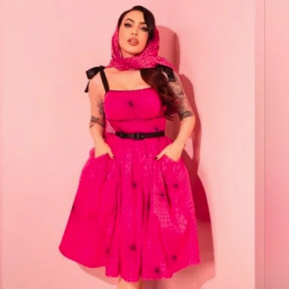 Vixen by Micheline Pitt Dresses & Skirts - Vixen by Micheline Pitt 1950s Swing Sundress Hot Pink Spider Web Print - L NWT!!